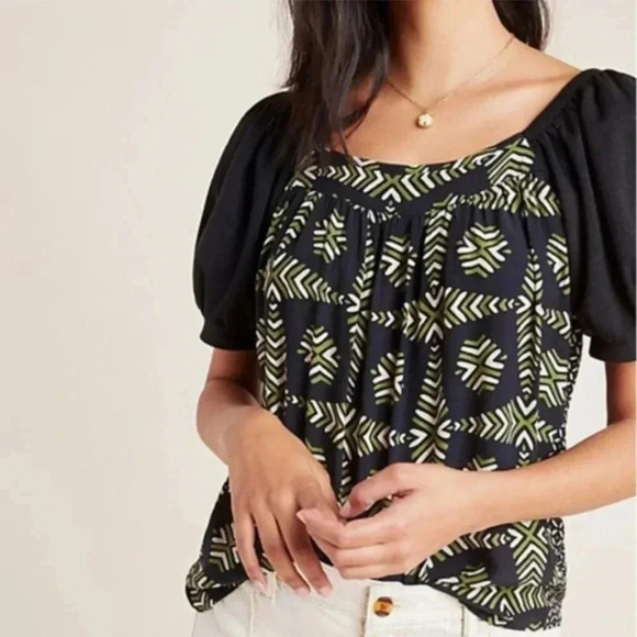 Anthropologie Maeve Black Green Catania Puff Sleeve Top Size XS - Picture 6 of 6
